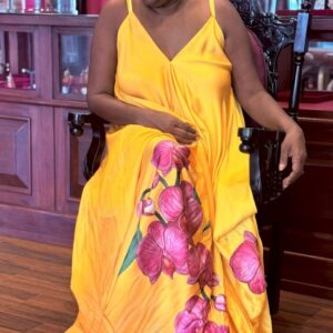 Ivanka yellow cut away dress with purple floral print